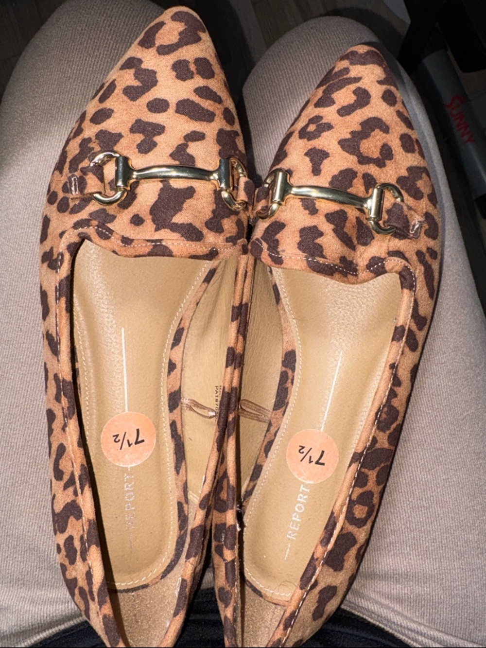 Report Leopard Print Pointed Toe Flats with Gold Hardware